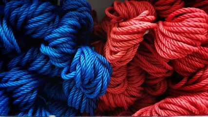 pile of a blue and red plastic rope in the stores.