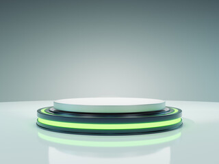 3D render. Futuristic product showcase. Abstract minimal background. Neon lights. Ring with light over empty podium stagem. Pedestal with neon. Round frame