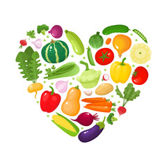 Vector banner template heart shaped with cartoon vegetables.