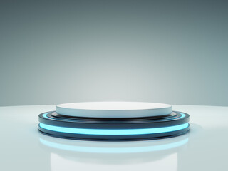 3D render. Futuristic product showcase. Abstract minimal background. Neon lights. Ring with light over empty podium stagem. Pedestal with neon. Round frame