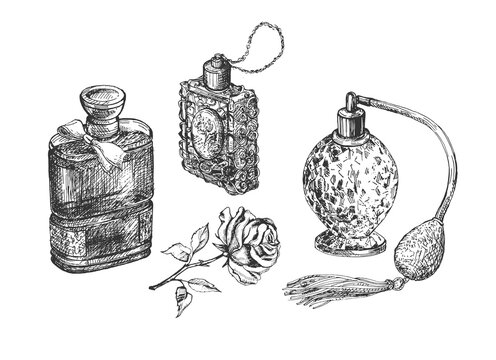 Female perfume in glass bottle set