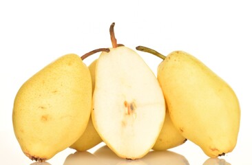 Ripe organic yellow-red pears, close-up, on a white background.