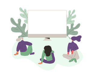 Friends meeting. Staycation. Three young women sitting on floor. Adult characters on group psychotherapy. Female persons wearing in casual clothes talking each other. Vector illustration.