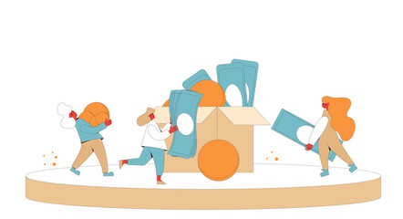 Life savings concept. Young people raising money together. Teenagers with huge coins, greenbacks and box. Line art color flat vector illustration.