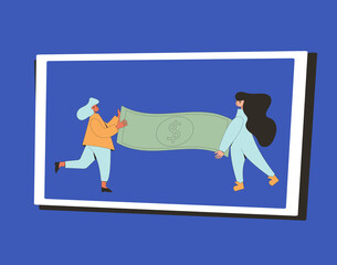 Money concept. Two persons with big paper money. Teenagers holding a big banknote. Line art vector illustration.