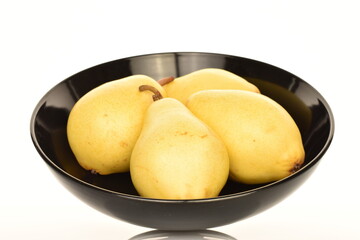 Ripe organic yellow-red pears, close-up, on a white background.
