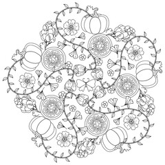 Doodle floral vector pattern. Seamless backgrounds with hand drawn flowers, leaves, branches. Graphic monochrome black and white design.