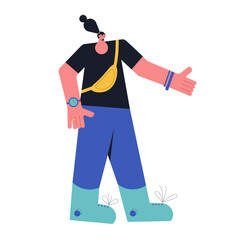 Teenager girl with crossbody bag. Young female character wearing in casual clothes standing isolated on a white background. Person with dark hair  pointing with hand. Vector illustration.