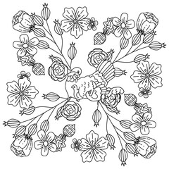 Doodle floral vector pattern. Seamless backgrounds with hand drawn flowers, leaves, branches. Graphic monochrome black and white design.