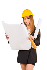 Beautiful asian businesswoman engineer holding the blueprint and wearing the safety helmet on white background. Isolated