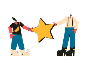 Consumer experience. Product review. Feedback. Happy clients. People holding stars in their hands isolated on white background. Service rating. Satisfaction level. Vector illustration.