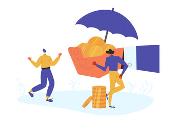 Financial growth  and insurance. Retirement savings. Money protection. Pension funds. Tiny people standing with huge envelop of money, coins under an umbrella. Vector color flat illustration.
