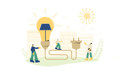 Solar energy system concept. Installing solar modules. Scene with people group and renewable alternative electricity symbol. Family citizens. Sustainable development. Vector illustration.