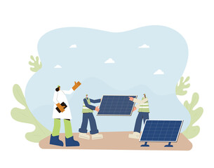 Naklejka premium Solar panels installing. Field service technicians workers and manager building moduls. Renewable alternative electricity. Sustainable development. Green tech. Vector illustration.
