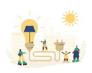 Solar energy system concept. Installing solar modules. Scene with people group and renewable alternative electricity symbol. Family citizens. Sustainable development. Vector illustration.