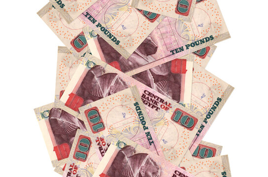 10 Egyptian Pounds Bills Flying Down Isolated On White. Many Banknotes Falling With White Copyspace On Left And Right Side