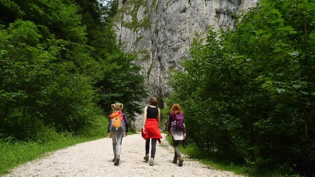 active family hiking by the Prapastiile Zarnestiului canyon, Piatra Craiului National Park, Romania

