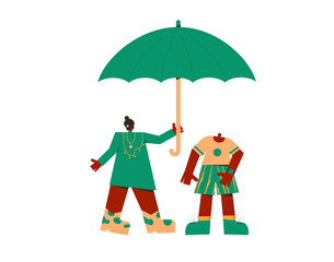 Female and male persons wearing in casual clothes standing together under an umbrella. Man and woman. Vector color illustration.