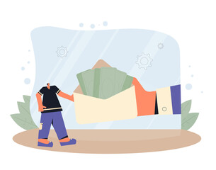 Financial help concept. Adult character with envelop of banknotes. Man wearing in casual clothes get a benefit or compensation. Huge hand giving money to male needed person. Vector illustration.