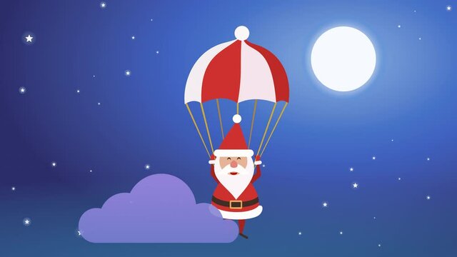 Looping animation of Santa Claus in a parachute on a starry night (flat design)