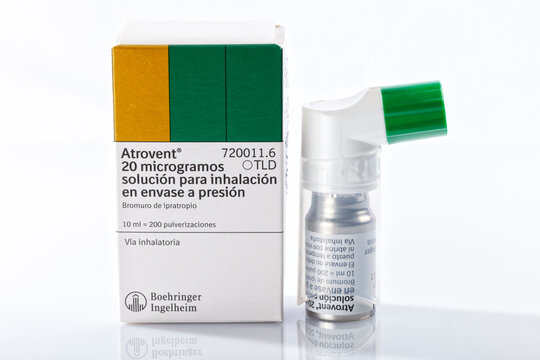 An Atrovent box of the brand Boehringer Ingelheim isolated on white