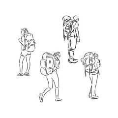 tourist with a backpack vector sketch illustration. Sketch of man with backpack on top of mountain Hand drawn vector illustration