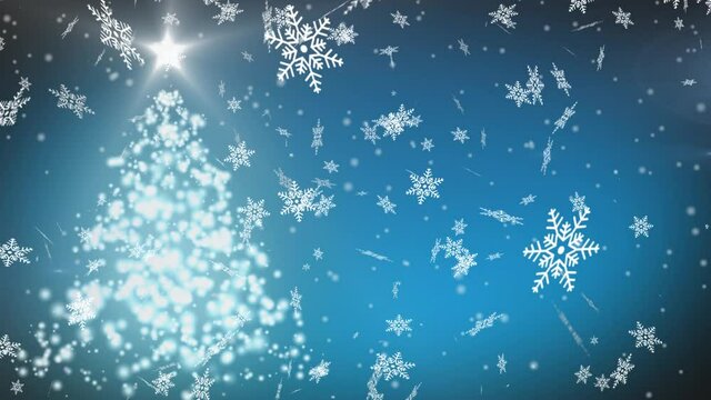 Digital animation of snowflakes falling over christmas tree against blue background