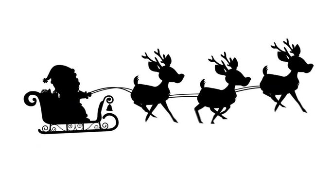 Digital animation of black silhouette of santa claus in sleigh being pulled by reindeers