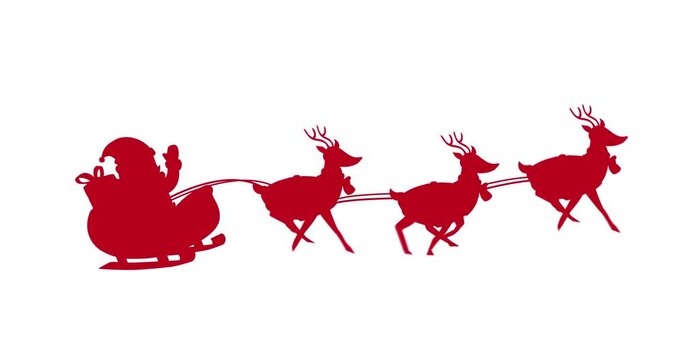 Digital animation of red silhouette of santa claus in sleigh being pulled by reindeers against white