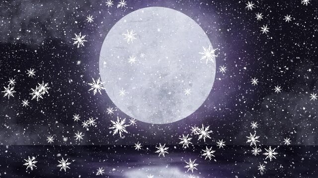 Digital animation of snow flakes falling against moon in night sky