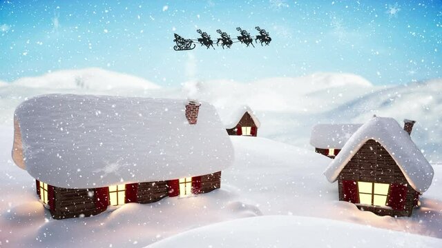 Digital animation of snow falling over houses covered in snow with santa flying over