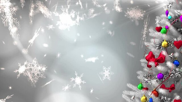 Digital animation of christmas tree and snowflakes and spots of light against grey background
