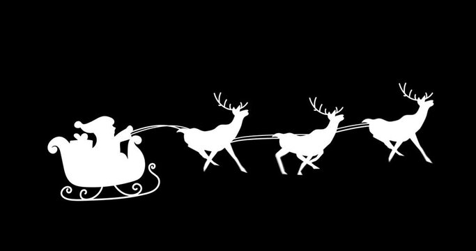 Digital animation of silhouette of santa claus in sleigh being pulled by reindeers