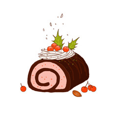 Chocolate yule log christmas cake with red berries. Buche de Noel. Traditional Christmas dessert. Vector hand-drawn sketch.