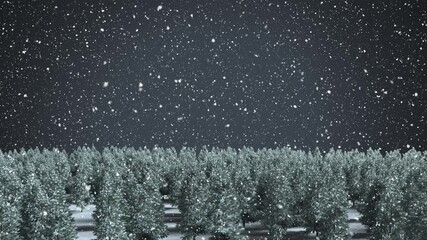 Digital animation of snow falling over multiple trees on winter landscape
