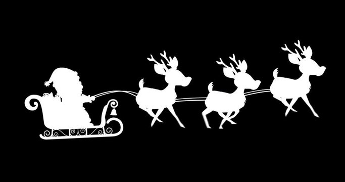 Digital animation of silhouette of santa claus in sleigh being pulled by reindeers against black bac