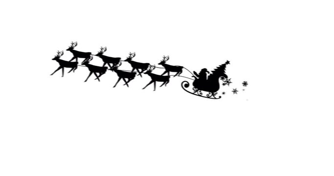 Digital animation of black silhouette of santa claus and christmas tree in sleigh being pulled by re