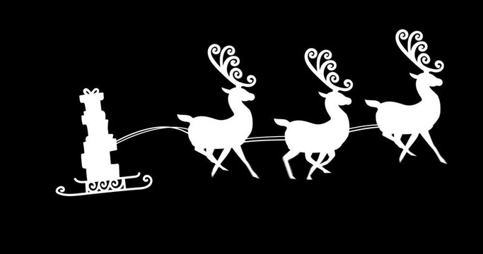 Digital animation of silhouette of christmas gift boxes being pulled by reindeers against black back