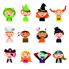 Icone of kids wearing different carnival costumes.
Piter Pen, witch, cheff, vampire, pirate, magician, monster
