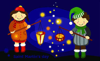 Fototapeta na wymiar Vector illustration for Saint Martin's Day, the laternelaufen day for small kids.
