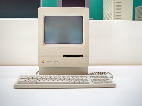 TERRASSA, SPAIN-MARCH 19, 2019: Apple Macintosh Plus Personal computer in the National Museum of Science and Technology of Catalonia