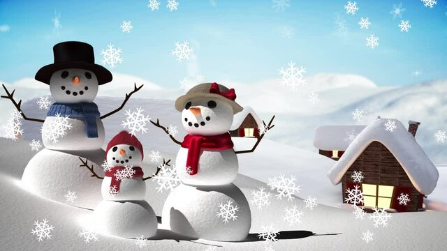 Digital animation of snowflakes falling over snowman family on winter landscape