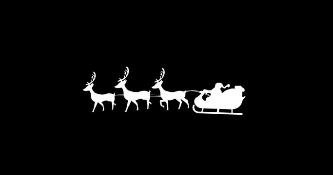 Digital animation of silhouette of santa claus in sleigh being pulled by reindeers