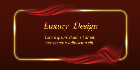Luxury background with red wilk drapery and gold glowing border .Luxurious red satin fabric texture, shiny golden rectangular frame. Banner or poster backdrop, vector illustration © Amarylle