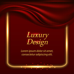 Luxury background with red wilk drapery and gold glowing border .Luxurious red satin fabric texture, shiny golden square frame. Banner or poster backdrop, vector illustration © Amarylle