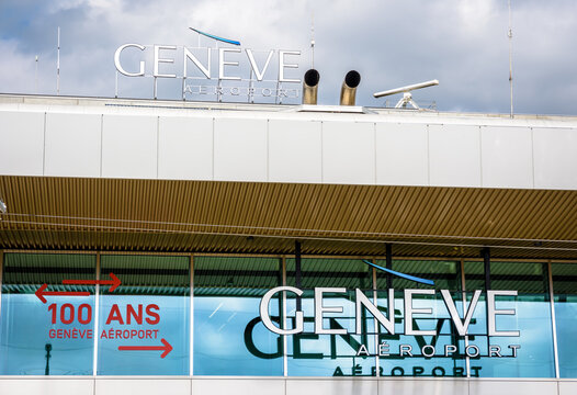 Le Grand-Saconnex, Switzerland - September 7, 2020: Front view of the signs "Gen&egrave;ve A&eacute;roport" (Geneva Airport) on the international airport of Geneva (GVA), which is celebrating its centenary in 2020.