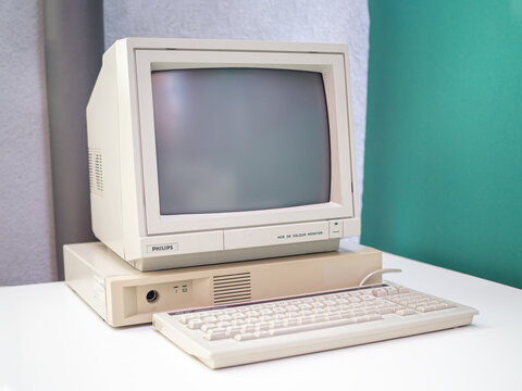 TERRASSA, SPAIN-AUGUST 9, 2020: 1987 Philips HCS 121 Personal Computer (Videotext Terminal) in the National Museum of Science and Technology of Catalonia