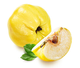 yellow ripe quince with slice and leaves