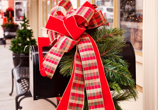 Christmas Holiday Mailbox Decorated  With A Large Plaid Bow And Greenery