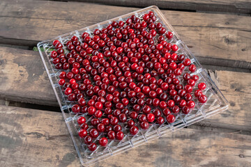 Ripe red cherries on a drying and dehydration tray